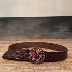 B-Low the Belt Brown Leather Belt with Pink Gemstone Buckle